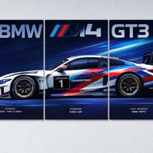 Automotive 3-Split Poster Set - BMW M4 GT3 & Porsche 911 Triptych Wall Art (A4)