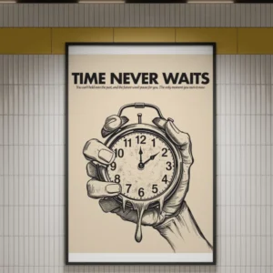 Time Never Waits | Surrealist Melting Clock Motivational Wall Art Poster